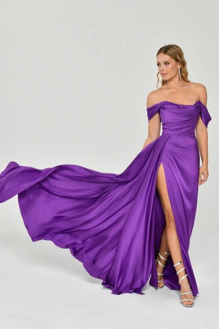 Purple Straplez Degaje Low Sleeve Slit Evening Dress - 2