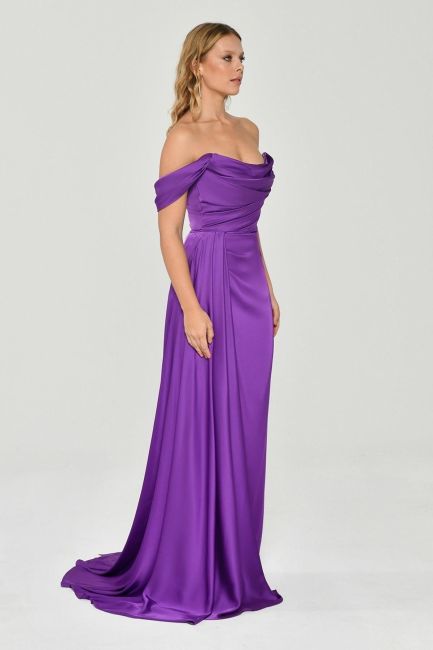 Purple Straplez Degaje Low Sleeve Slit Evening Dress - 3
