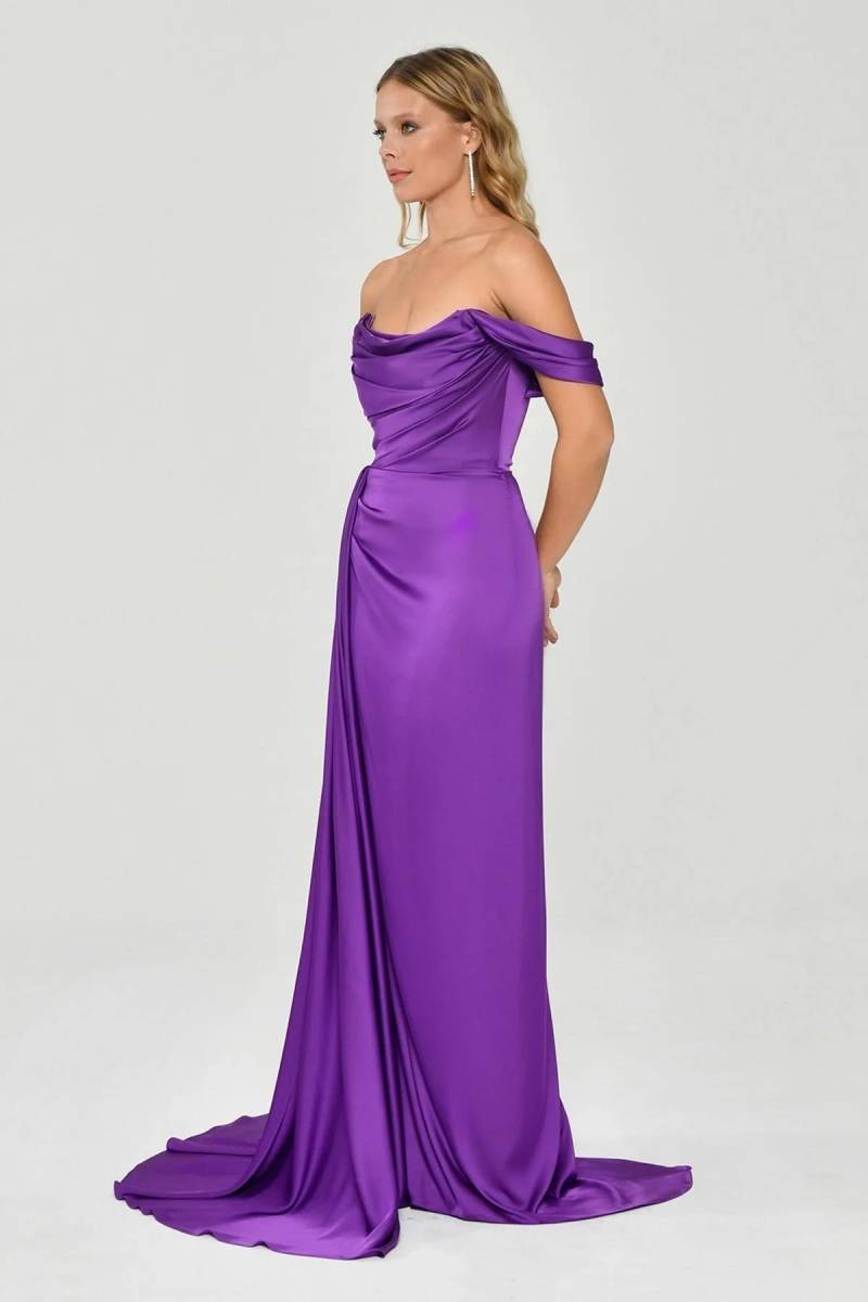 Purple Straplez Degaje Low Sleeve Slit Evening Dress - 4
