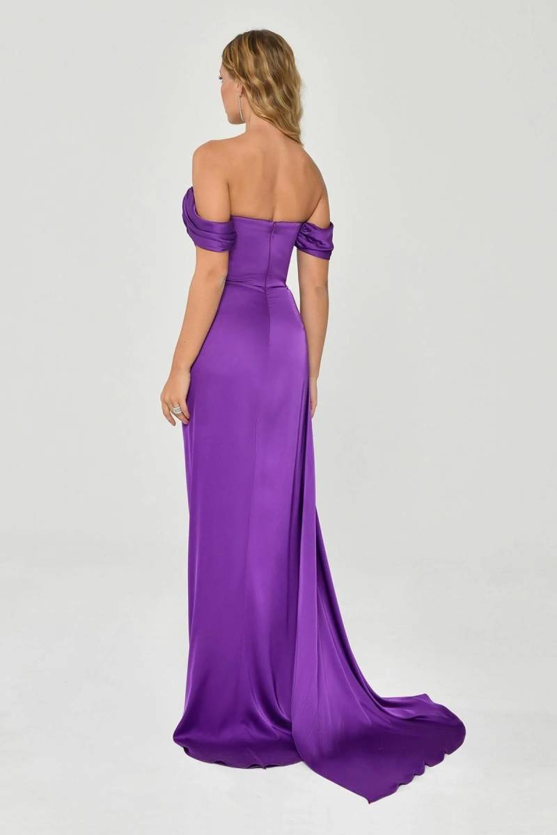 Purple Straplez Degaje Low Sleeve Slit Evening Dress - 5