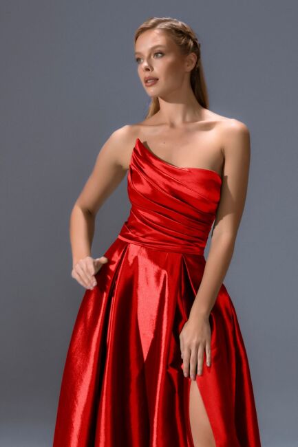 Red asymmetrical collar chest draped pocket tafta evening dress 13 - 2