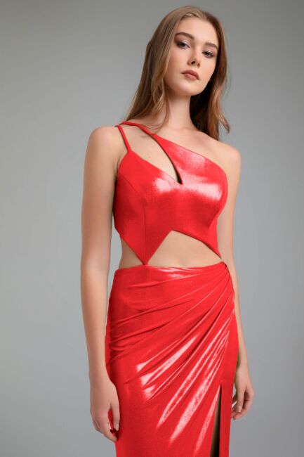 Red One Shoulder Waist Dicked Drape bright fabric evening dresses 07 