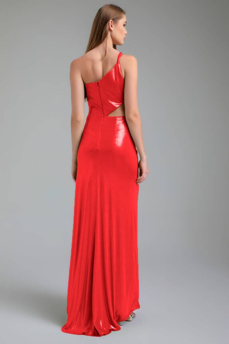 Red One Shoulder Waist Dicked Drape bright fabric evening dresses 07 - 3