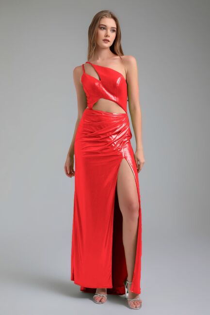 Red One Shoulder Waist Dicked Drape bright fabric evening dresses 07 - 2
