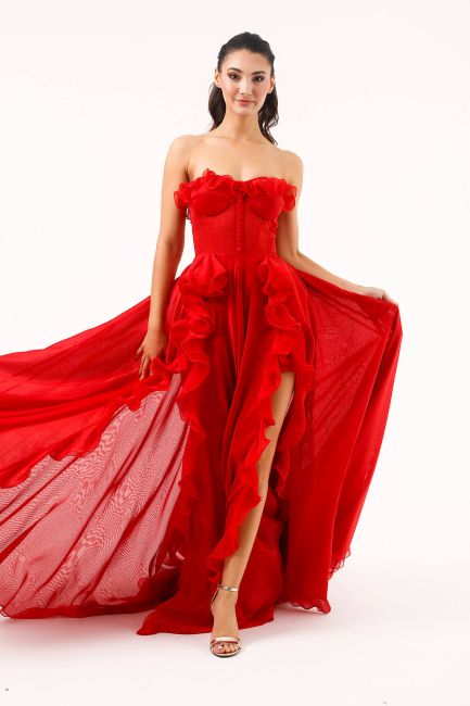 Red Strapless Bustry Inside Mini Volan Dress Dress 82 - 3