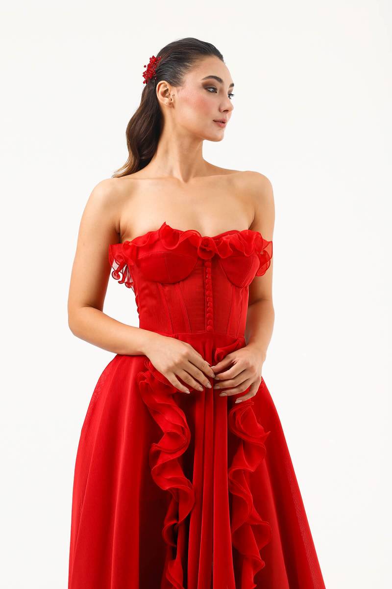 Red Strapless Bustry Inside Mini Volan Dress Dress 82 - 4