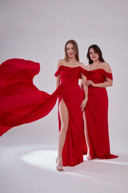 Red Strapless Degage Low Sleeve Sliping Evening Dress - 1