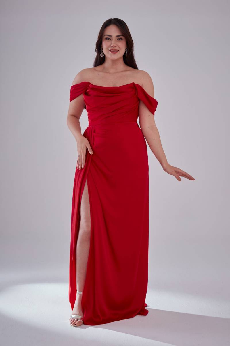 Red Strapless Degage Low Sleeve Sliping Evening Dress - 2