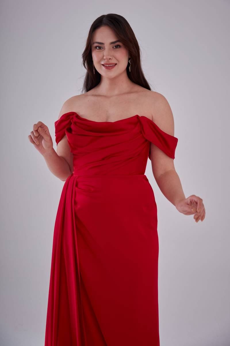 Red Strapless Degage Low Sleeve Sliping Evening Dress - 3