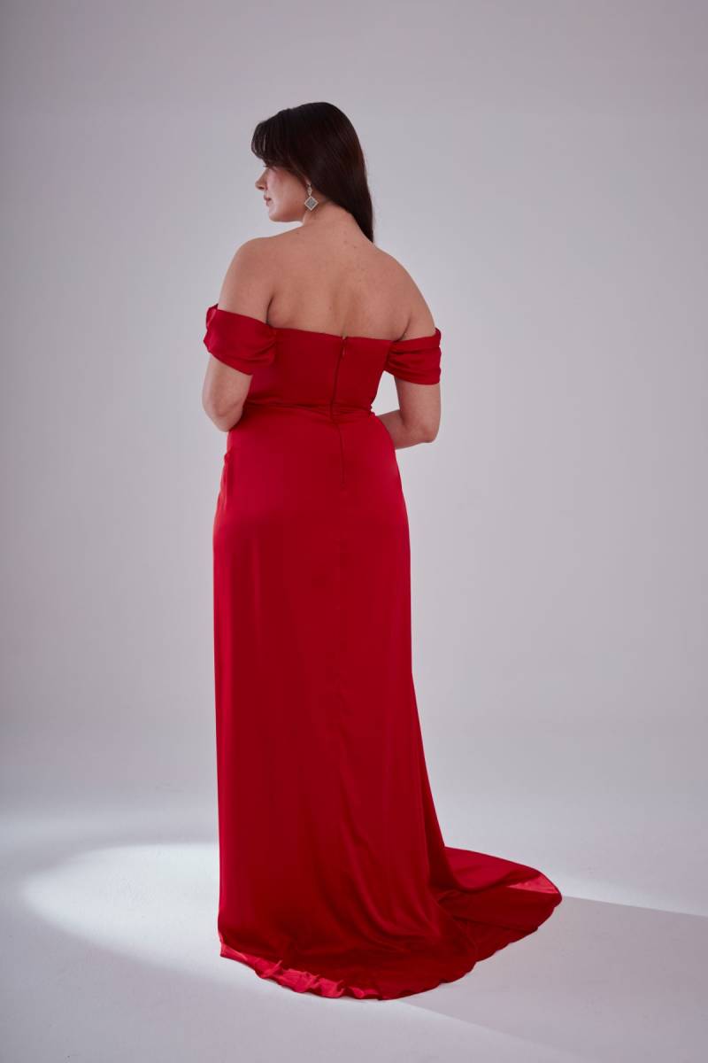 Red Strapless Degage Low Sleeve Sliping Evening Dress - 4