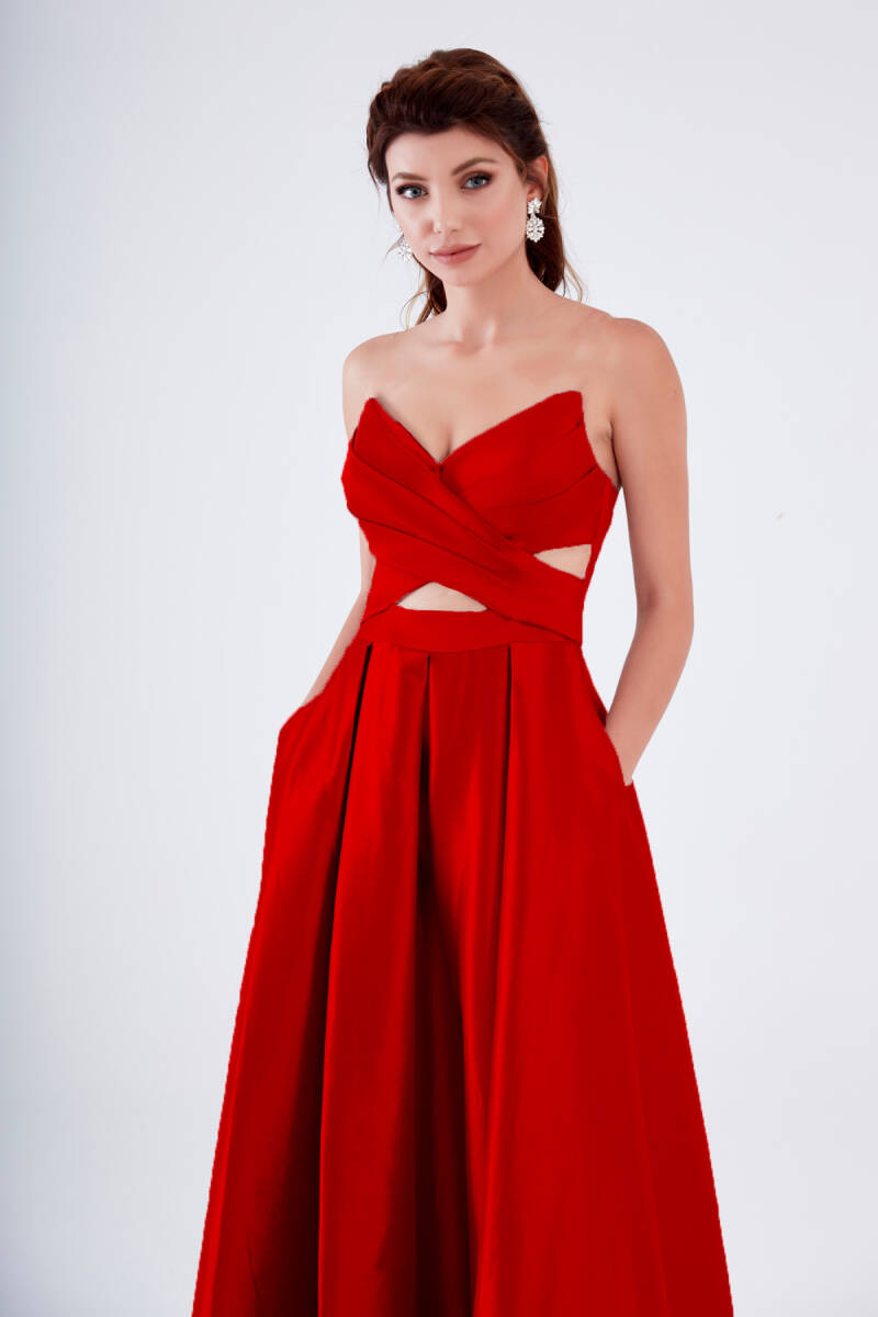 Red Strapless Pointed Collar Pocket Taffeta Evening Dress - 2