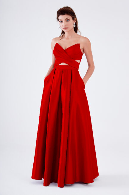 Red Strapless Pointed Collar Pocket Taffeta Evening Dress - 1