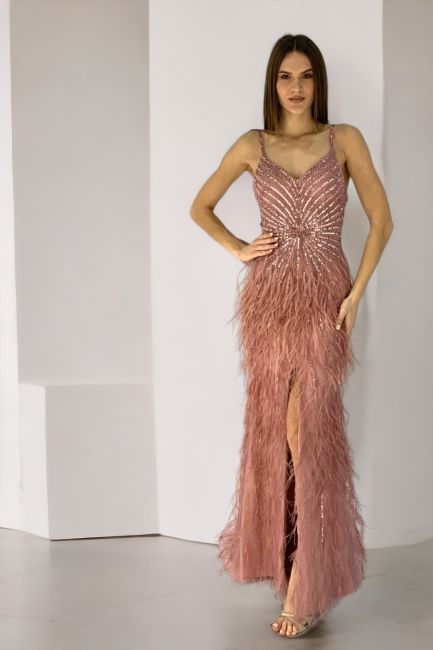 Rose dry rope strap stone hairy imported evening dress 85 - 1