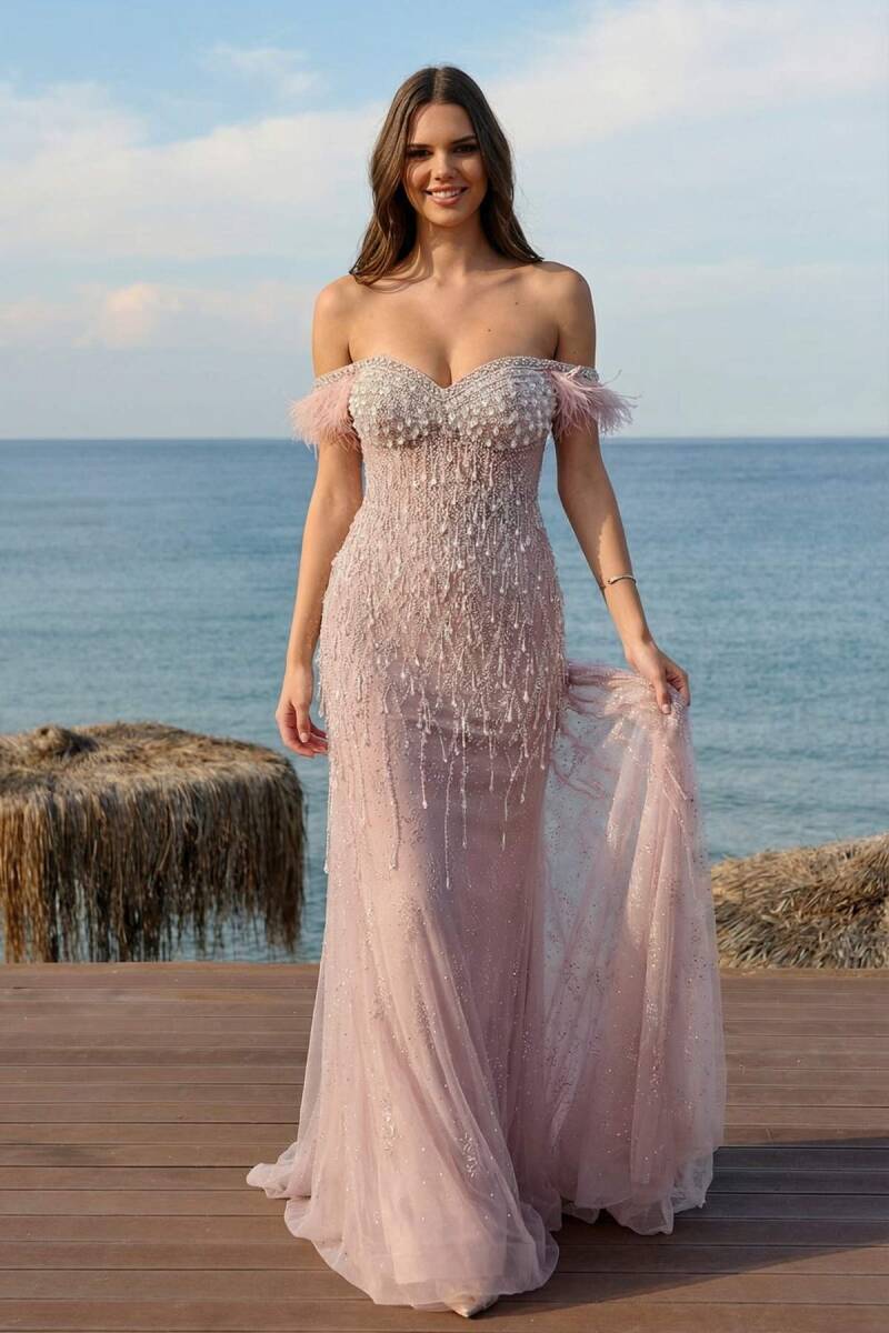 Rose Düşük Kol Otrişli Kalp Yaka İşlemeli Balık İthal Abiye Elbise 40 - 1