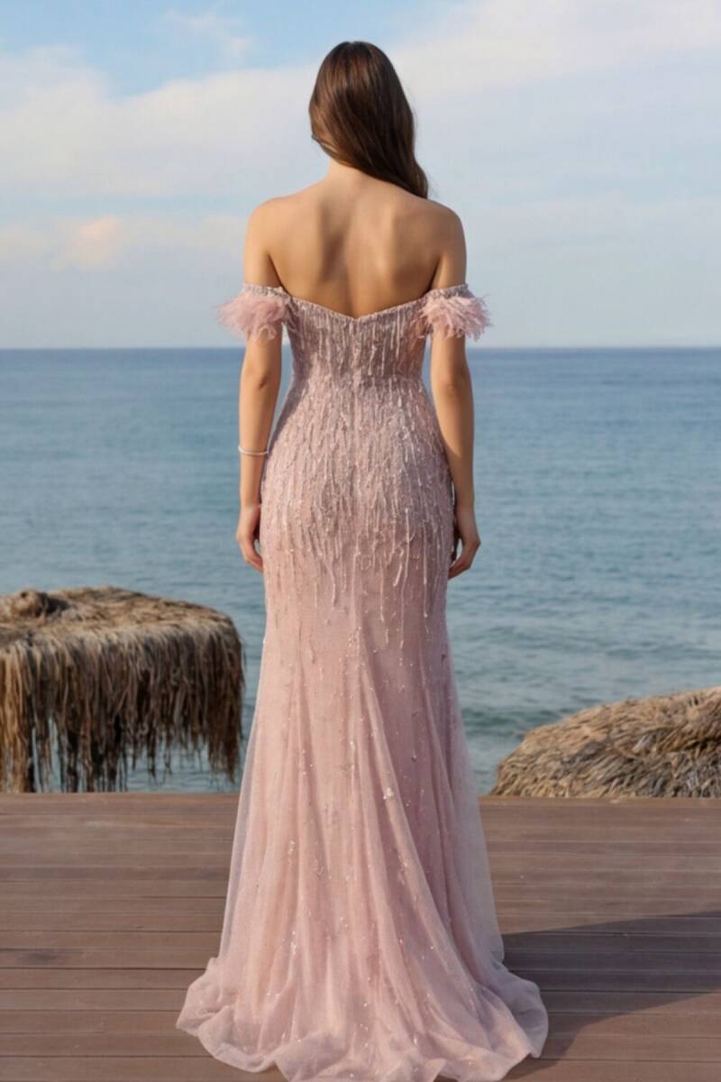 Rose Düşük Kol Otrişli Kalp Yaka İşlemeli Balık İthal Abiye Elbise 40 - 2