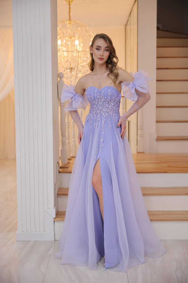 Royal Blue Strapless Portable Tulle Sleeves Embroidered Slit Evening Dress 32 - 1