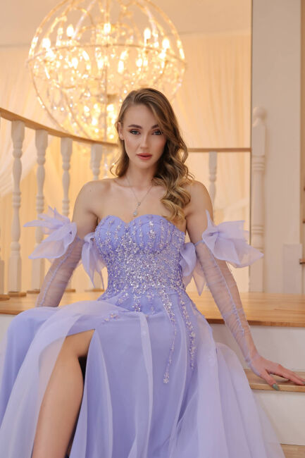 Royal Blue Strapless Portable Tulle Sleeves Embroidered Slit Evening Dress 32 - 2