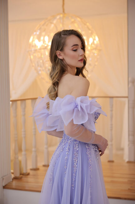Royal Blue Strapless Portable Tulle Sleeves Embroidered Slit Evening Dress 32 - 3