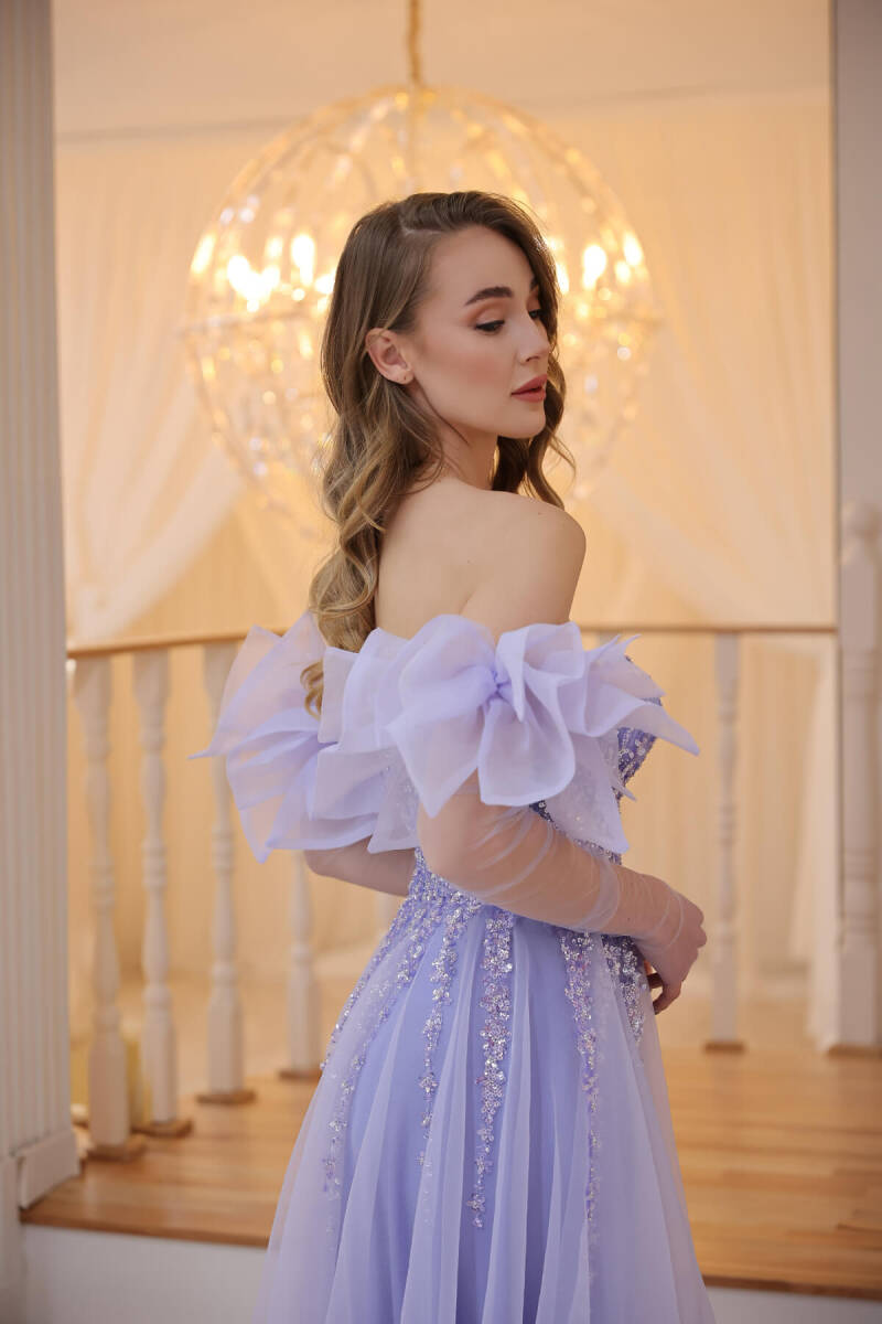 Royal Blue Strapless Portable Tulle Sleeves Embroidered Slit Evening Dress 32 - 3