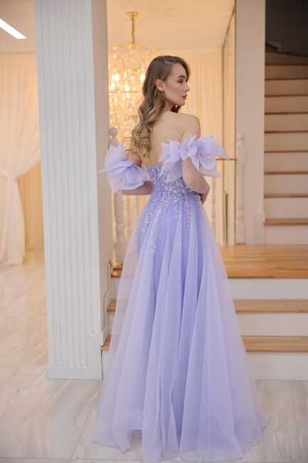 Royal Blue Strapless Portable Tulle Sleeves Embroidered Slit Evening Dress 32 - 4