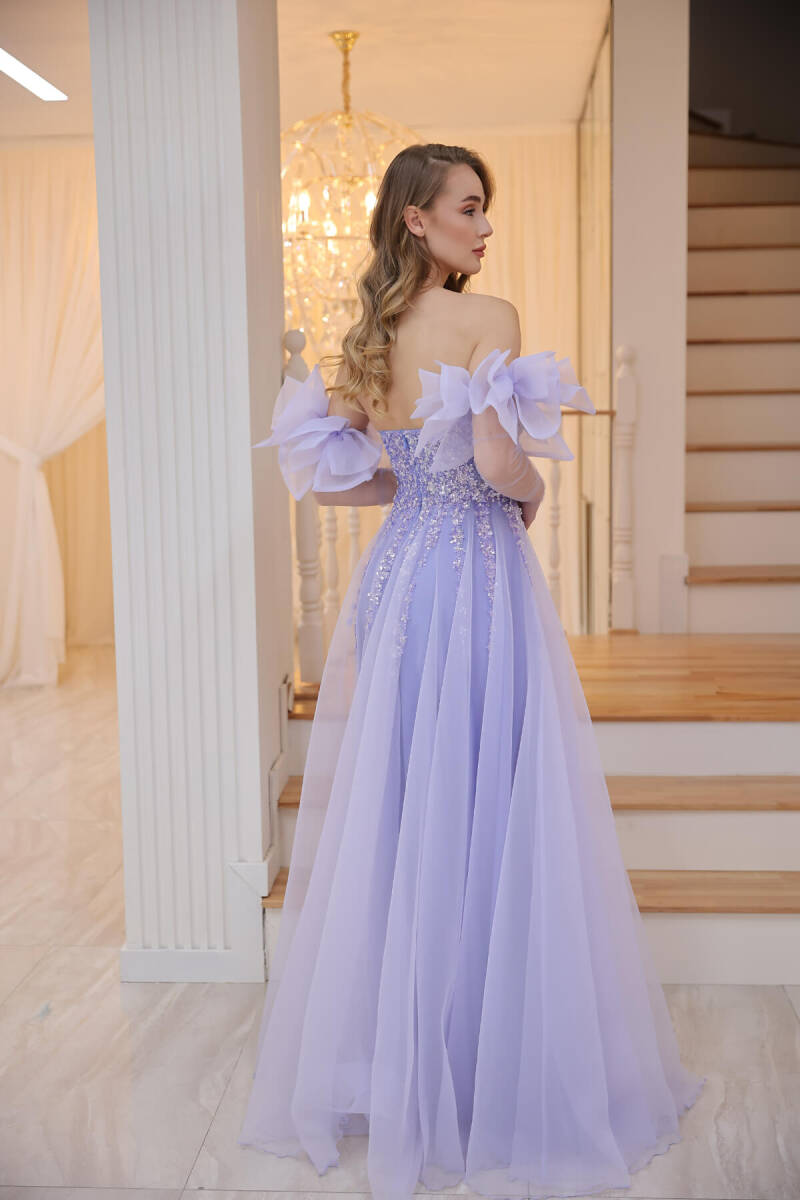 Royal Blue Strapless Portable Tulle Sleeves Embroidered Slit Evening Dress 32 - 4