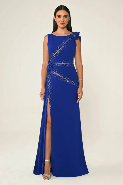 Saks Çiçek ve Taş Aksesuarlı Şallı Yırtmaçlı Abiye Elbise 70 - ALFABETA