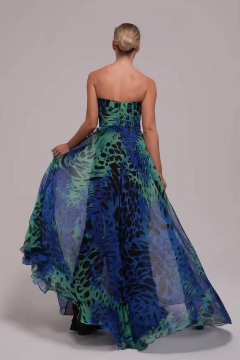 Saks Straplez Degaje Yaka Leopar Desen Şifon Abiye Elbise 76 - 3