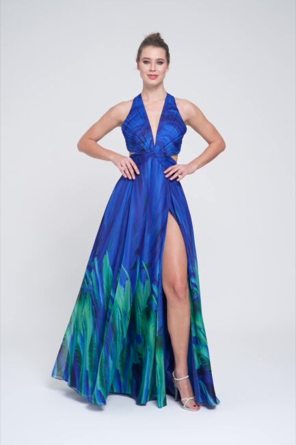 SaksGreen Halter Neck Backless Patterned Evening Dress 41 - Şeref Vural