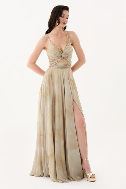 Champagne Rope Strap Chain Patterned Slit Evening Dress 67 