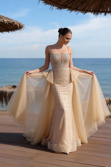 Şampanya İp Askılı Pelerin Kuyruklu Balık İthal Abiye Elbise 10 - 2