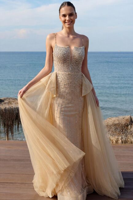 Şampanya İp Askılı Pelerin Kuyruklu Balık İthal Abiye Elbise 10 - SERABELLA