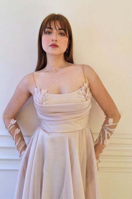 Şampanya İp Askılı Sırt Dekolteli İşlemeli Abiye Elbise 82 - 2