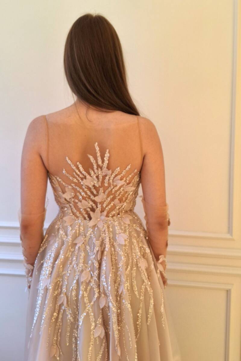 Şampanya İp Askılı Sırt Dekolteli İşlemeli Abiye Elbise 82 - 3