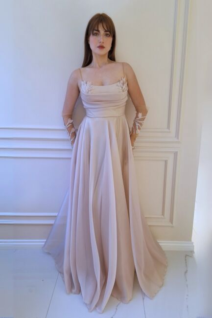 Şampanya İp Askılı Sırt Dekolteli İşlemeli Abiye Elbise 82 - 1