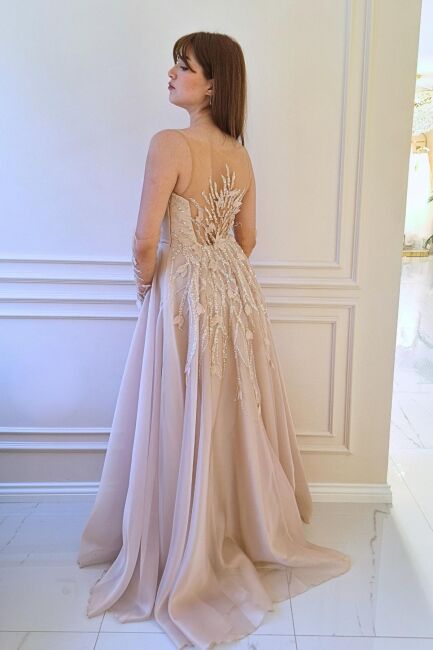 Şampanya İp Askılı Sırt Dekolteli İşlemeli Abiye Elbise 82 - 4