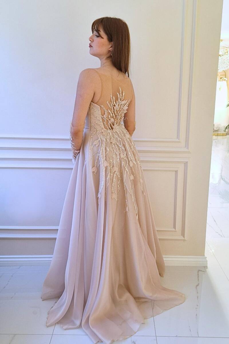 Şampanya İp Askılı Sırt Dekolteli İşlemeli Abiye Elbise 82 - 4