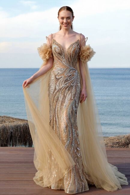 Şampanya Pelerinli Sivri Yaka Yırtmaçlı İthal Abiye Elbise 03 - 1