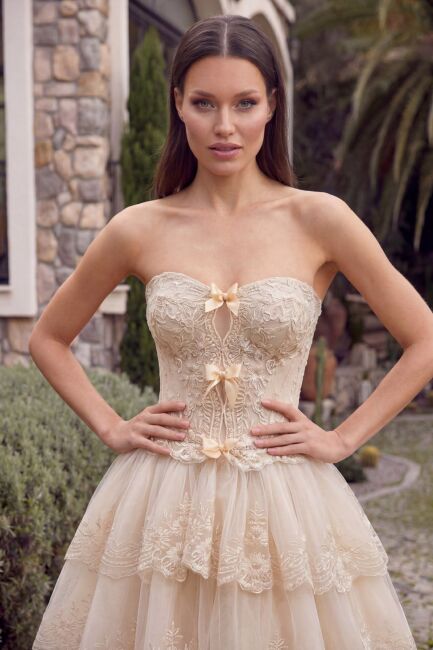 Şampanya Straplez Göğüs Kurdeleli Kat Kat Dantelli Mini Abiye Elbise 17 - 2