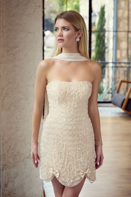 Şampanya Straplez Sarkancalı Eteği Kurdeleli İncili Mini Abiye Elbise 20 - ÖMÜR İNN