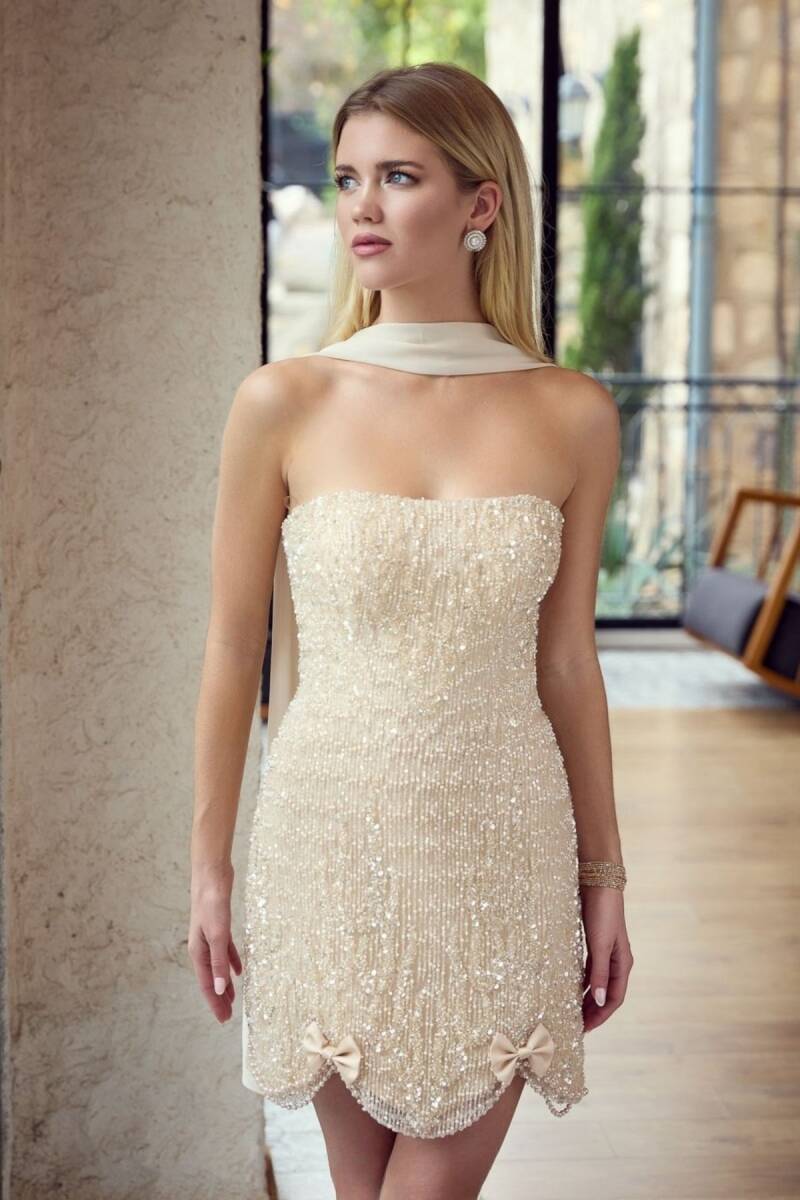 Şampanya Straplez Sarkancalı Eteği Kurdeleli İncili Mini Abiye Elbise 20 - 1