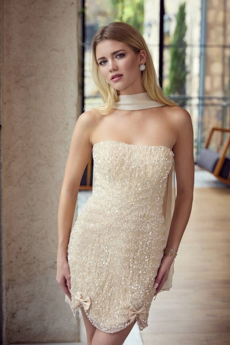 Şampanya Straplez Sarkancalı Eteği Kurdeleli İncili Mini Abiye Elbise 20 - 2