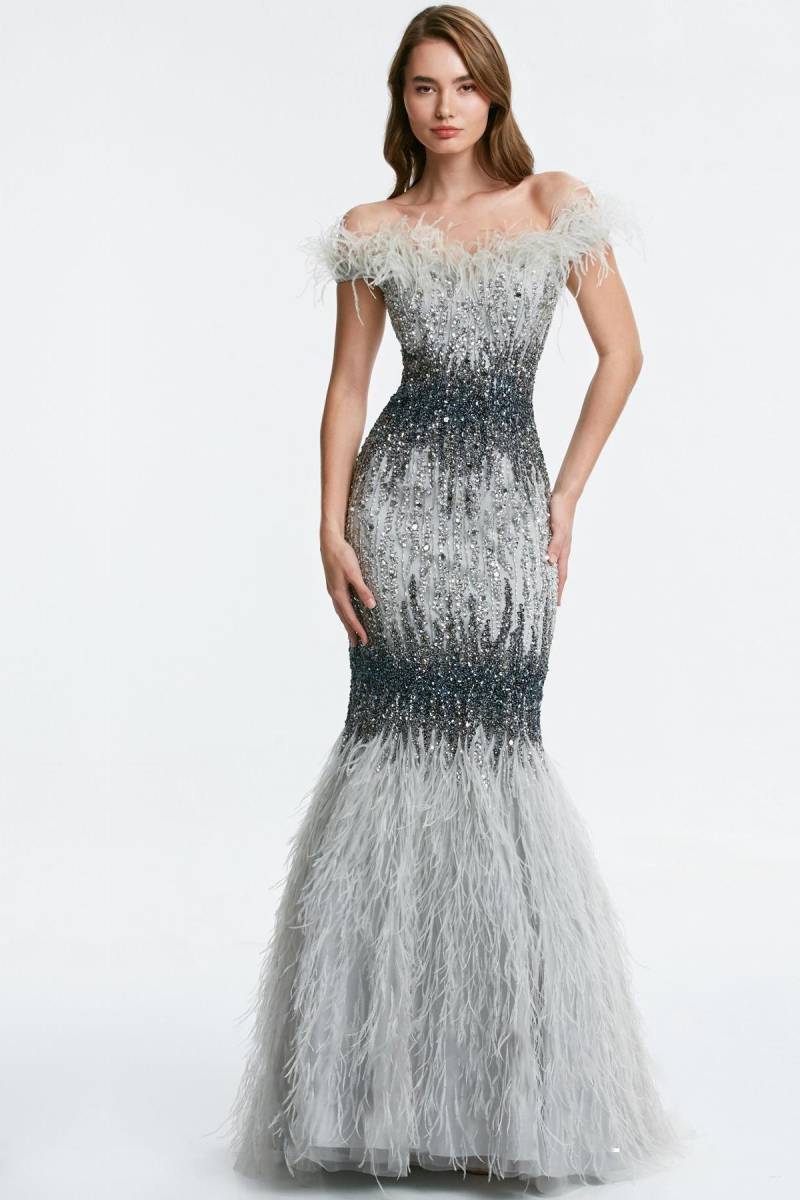 Silver Kayık collar feather detailed embroidered imported evening dress 19 - 1