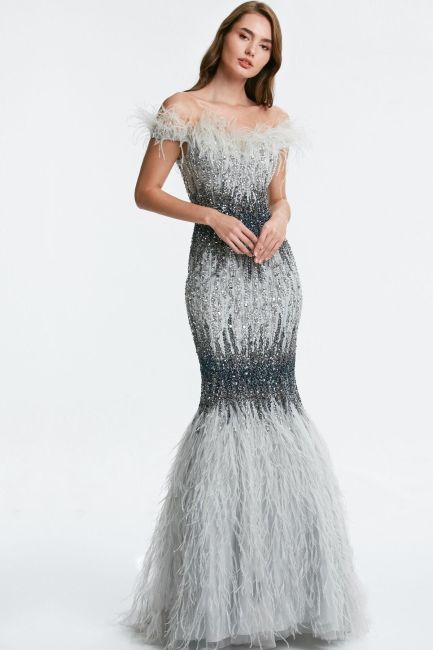 Silver Kayık collar feather detailed embroidered imported evening dress 19 - 2