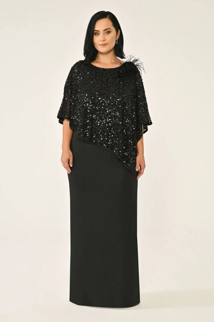 Siyah Asimetrik Bluzan Detaylı İşlemeli Büyük Beden Abiye 95 - ALFABETA