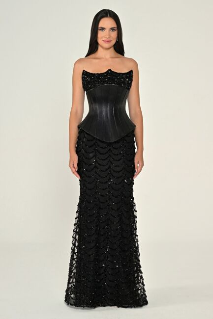 Siyah Asimetrik Yaka Ekstra Korsajlı İşlemeli Balık Abiye Elbise 03 - ALFABETA