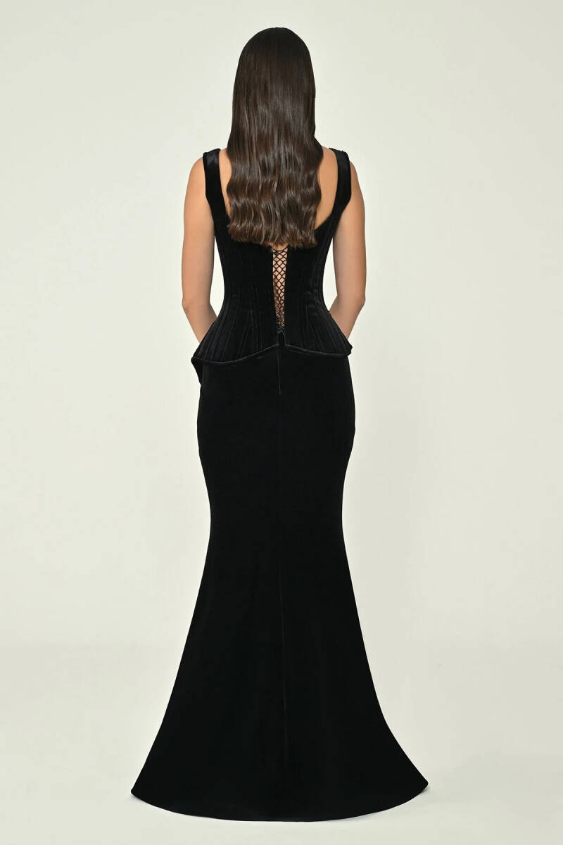 Siyah Askılı İki Parça Kadife Gold İşlemeli Uzun Abiye Elbise 10 - 4