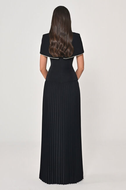 Siyah Bolerolu Belden Drapeli Plise Etek Abiye Elbise 12 - 5