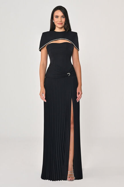 Siyah Bolerolu Belden Drapeli Plise Etek Abiye Elbise 12 - ALFABETA