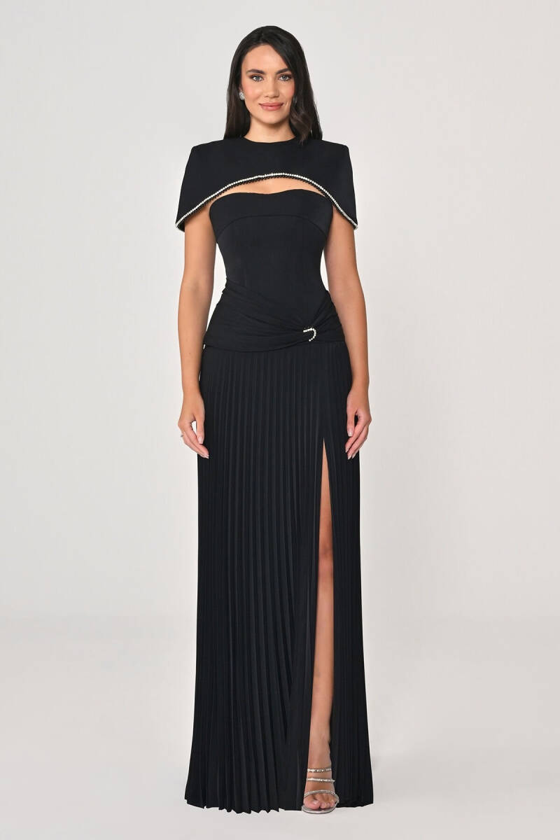 Siyah Bolerolu Belden Drapeli Plise Etek Abiye Elbise 12 - 1