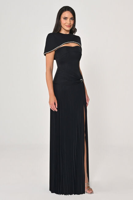 Siyah Bolerolu Belden Drapeli Plise Etek Abiye Elbise 12 - 4